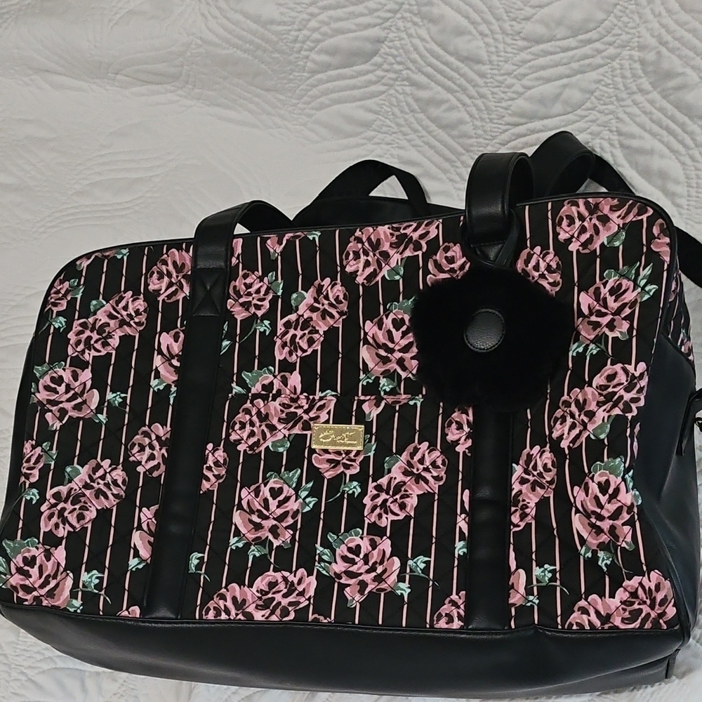 Betsey Johnson Luv Black Floral Rose Weekender Duffel Bag